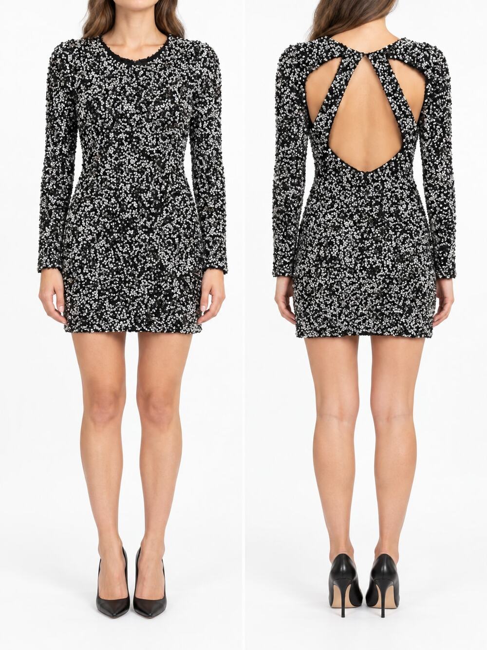 Parler Women's Black & White Sequin Open Back Mini Bodycon Long Sleeve Dress XS